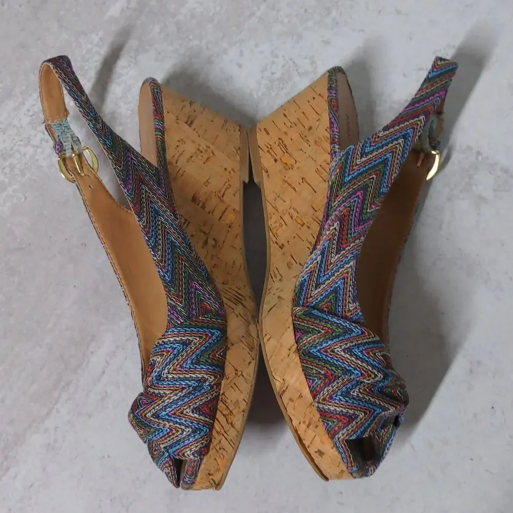 Nine West Abbeol 1 Wedges Multicolor Woven Slingback Knotted Peep Toe - Size 7M